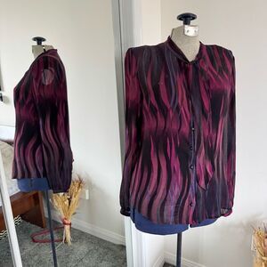 Mexx Burgundy and Black Wave-Print Tie-Neck Blouse - XL